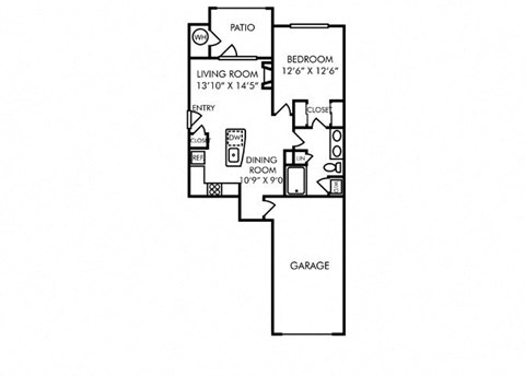 Floor plan for 1 bed, 1 bath, 804 sqft